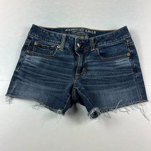 American Eagle Shorts Women's 2 Shortie Blue Faded Whisker Cut Off Stretch Denim